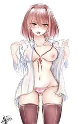 1girls 2019 artist_signature blush breasts crunnix dated doki_doki_literature_club femc_(doki_doki_literature_club) genderswap genderswap_(mtf) nipples no_bra open_shirt panties rule_63 see-through_clothing striped_panties thighhighs tongue_out white_background white_shirt