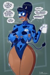 black_hair blue_lipstick blueshift_(polmanning) blush breast_expansion eyemask giant_breasts hip_expansion horns huge_breasts hypnosis lactating lactation lactation_through_clothes mask milk nipple_bulge oc polmanning ponytail ripped_clothing superheroine tail wardrobe_malfunction