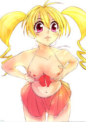 1girls bangs bikini_top biscuit_krueger blonde_hair breast_squeeze breasts breasts_out female female_only flashing human hunter hunter_x_hunter light-skinned_female light_skin long_hair medium_breasts nipples ochakojuju pink_nipples purple_eyes shounen_jump solo whentai