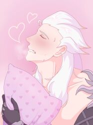 baldr_(dislyte) bardon_(dislyte) biting_lip dislyte fantasizing heart offscreen_sex pastel pillow pink pink_background prosthetic_arm solo_focus solo_male steam submissive_male white_hair wholesome