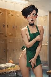 1girls ai_generated alterxone apron apron_only black_hair blush choker covering_breasts covering_crotch cute ear_piercing embarrassed female_focus goth goth_girl green_eyes locker_room naked_apron nose_piercing petite petite_body piercing pixie_cut short_hair slim small_breasts