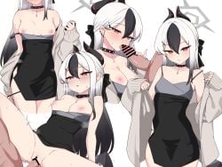 1boy black_choker black_dress black_hair black_horns blue_archive blush breasts breasts_out choker clothes_pull demon_horns dress erection fellatio female grey_halo grey_jacket hair_between_eyes halo highres horns jacket kayoko_(blue_archive) kayoko_(dress)_(blue_archive) kumasteam licking licking_penis long_hair long_sleeves looking_at_viewer multicolored_hair multiple_views nipples no_panties off_shoulder official_alternate_costume open_clothes open_mouth oral panties panty_pull penis penis_grab pulled_by_self pussy red_eyes sex simple_background small_breasts solo_focus straight sweat tongue tongue_out underwear undressing vaginal_penetration white_background white_hair