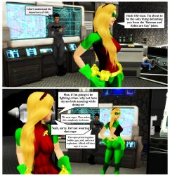 1boy 1girls 3d ass_focus batman_(series) blonde_female blonde_hair bruce_wayne comic dc dc_comics dialogue female fit fit_female human human_only light-skinned_female light-skinned_male light_skin male pof3445 robin_(dc) robin_(stephanie_brown) stephanie_brown straight text_box the_sims the_sims_4