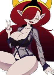 1girls 4_fingers big_boons big_breasts big_tits black_bra boobs bra breasts clothed clothed_female disney female fingers hair_over_one_eye hekapoo hi_res high_resolution highres huge_breasts light-skinned_female light_skin lingerie long_hair looking_at_viewer p0stalk pointy_ears red_hair solo star_vs_the_forces_of_evil tits underwear v_sign