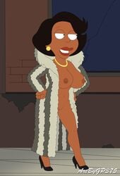 1girls accurate_art_style alternate_breast_size black_hair dark-skinned_female dark_skin donna_tubbs family_guy female fur_coat gp375 innie_pussy large_breasts lipstick pussy solo tagme the_cleveland_show