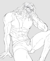 1boy artist_request black_and_white dilf long_hair long_hair_male male male_nipples male_only muscular muscular_arms muscular_chest muscular_male muscular_thighs nipples one_piece scar scars scars_all_over scars_on_arm scars_on_chest silvers_rayleigh solo solo_focus underwear white_hair white_hair_male