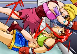 2girls ayane's_high_kick ayane_mitsui belly belly_punch big_breasts blonde_hair catfight colored crying crying_with_eyes_open defeat doujin doujinshi female female_focus female_only fist large_boobs large_breasts multiple_girls red_eyes red_hair ryona sakurako_miyagawa saliva saliva_drip saliva_string saliva_trail tears tears_of_pain