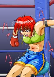 1girls ayane's_high_kick ayane_mitsui belly belly_punch big_breasts blonde_hair colored doujin doujinshi female female_focus female_only fist large_boobs large_breasts red_eyes red_hair ryona