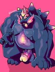 2021 anthro belly big_moobs big_muscles black_body bowser bowser's_fury bozobin crouching erection fire flaming_hair full-length_portrait fury_bowser genitals glowing glowing_belly glowing_genitalia glowing_penis hi_res koopa male male_only mario_(series) moobs musclegut muscular nintendo nipples no_pupils overweight overweight_male penis pink_background portrait pose pseudo_hair scalie shell simple_background solo solo_male spiked_penis spiked_shell spikes spikes_(anatomy) super_mario_3d_world tongue tongue_out