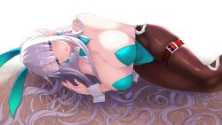 1girls belt blue_eyes bowtie breasts bunny_ears bunny_girl bunnygirl bunnysuit cleavage ear_piercing earrings female_focus large_breasts laying_down leg_belt legwear long_hair okuri_banto open_mouth original original_character playboy_bunny solo solo_focus white_hair