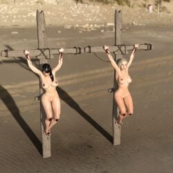 2girls 3d black_hair blonde_hair blood completely_nude completely_nude_female crucifixion hlt1w nude nude_female