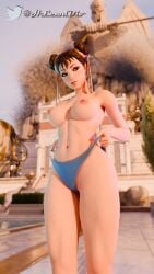 1girls 3d belly belly_button big_breasts blender blue_nail_polish blue_nails blue_panties blush breasts capcom chun-li chun-li_(fortnite) erect_nipples female female_only fortnite fortnite:_battle_royale hlewdiv looking_at_viewer muscular muscular_female nipples panties pulling_panties smirk street_fighter temple thick_thighs thong thong_pull topless underwear wide_hips