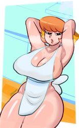 apron areolae_peeking armpits arms_behind_head arms_up bedroom_eyes big_breasts breasts cartoon_network dexter's_laboratory dexter's_mom freckles heart heart-shaped_pupils heart_eyes looking_at_viewer mckeyes orange_hair orange_pubic_hair pubic_hair red_hair shiny_skin sideboob smooth_skin steam steamy