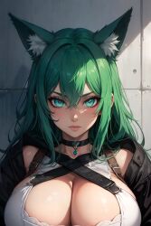 ai_generated angry angry_expression angry_eyes angry_face anime aqua_eyes bare_shoulders big_breasts breasts cat_ears choker cleavage cleavage_cutout close_up clothes ear ear_fluff emerald_green_hair eyes_open female focus focus_on_chest fox_ears green_eyes green_hair hd hd_(traditional) high_resolution highres huge_breasts inner_ear_fluff jacket large_breasts looking_at_viewer no_nude off_shoulder perky_ears pink_lips portrait shiny_breasts shiny_skin short_hair simple_background simple_shading sky4maleja suspenders white_ear_fluff young younger_female