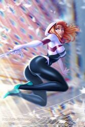 1girls ass big_ass blonde_hair blue_eyes bodysuit female female_only gwen_stacy hairband marvel marvel_comics medium_breasts medium_hair nipple_bulge prywinko solo solo_female spider-gwen spider-man_(series) spider_web thighs