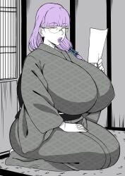 1girls beauty_mark curvy curvy_body curvy_female glasses huge_breasts kimono komusou_(jinrikisha) lipstick mature_female milf purple_hair sitting yukimama_(jinrikisha)