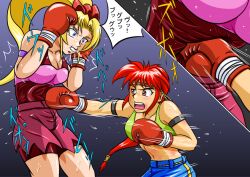 2girls ayane's_high_kick ayane_mitsui belly belly_punch big_breasts blonde_hair colored doujin doujinshi female female_focus female_only fist large_boobs large_breasts multiple_girls red_eyes red_hair ryona sakurako_miyagawa