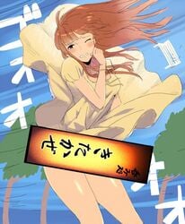 1girls bench blush brown_hair censored dokitsu!_boufuu_keihou_hatsurei embarrassed embarrassed_nude_female enf heartbeat!_windbreak_warning_issued legs_together minamino_soyokaze one_eye_closed sega sega_toylet skirt_lift teeth_clenched text the_north_wind_and_the_sun..._and_me uncensor_request wardrobe_malfunction wind wind_lift windy_dress