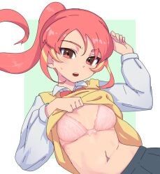 1girls arm_up beyon_(beyon1710) blonde_hair blush bra clothed female inazuma_eleven inazuma_eleven_victory_road long_hair pink_bra pink_eyes pink_hair ponytail shinohara_raika shirt_lift solo solo_female sweatdrop two_tone_hair