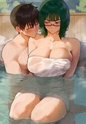 1boy 1boy1girl 1girls 2d ai_assisted ai_generated artist_name bangs blunt_bangs blush brown_eyes brown_hair cleavage closed_mouth curvy erotic_nansensu eyewear glasses grabbing_another's_breast grabbing_from_behind green_hair groping groping_breasts groping_from_behind hand_under_clothes hot_spring jujutsu_kaisen large_breasts medium_hair mixed_bathing mommy naked_towel nude_male on_lap onsen partially_submerged patreon_username see-through short_hair sitting sitting_on_lap sitting_on_person steam straight_hair student teenager teenager_on_teenager thick_thighs towel towel_only under-rim_eyewear url water wet yuta_okkotsu zenin_maki