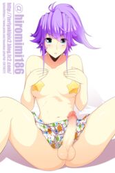 blue_eyes blush censored full-package_futanari futa_only futanari hiromin hourglass_figure intersex looking_at_viewer mosaic_censoring pasties penis_under_skirt ponytail purple_hair skirt small_breasts sparkle spread_legs star_pasties sumire_(hiromin)