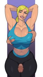 1boy 1girls abs athletic_female big_breasts blonde_hair breast_grab clothed_female consensual edit faceless_male female female_on_male female_on_top fondling_breast light-skinned_male light_skin male maximum_strike_edit muscular_female nonpenetrative_sex simple_background thigh_sex zpark