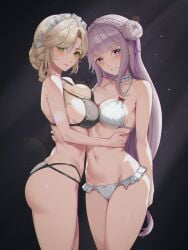 2girls ade_(nikke) ass bare_legs bare_thighs belly breasts breasts_pressed_together cleavage crossover elf elf_ears elf_female elf_girl emilia_(re:zero) female goddess_of_victory:_nikke half-dressed half_naked hugging multiple_girls partially_clothed purple_eyes re:zero_kara_hajimeru_isekai_seikatsu silver_hair standing thighs underwear