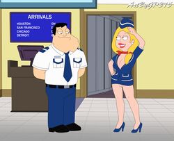 1boy 1girls accurate_art_style american_dad areola_slip blonde_hair breasts cleavage clothing duo female flight_attendant francine_smith gp375 high_heels innie_pussy looking_at_another male medium_hair no_panties pilot_uniform presenting pussy revealing_clothes short_dress smile stan_smith standing stewardess stewardess_uniform