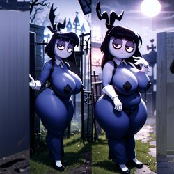 2girls adult_swim ai_generated belly big_ass big_breasts cemetery chubby chubby_female creepy_susie erect_nipples fat glowing_eyes goth goth_girl graveyard high_heels hourglass_figure looking_at_viewer moon night pasties the_oblongs thick_thighs wide_hips