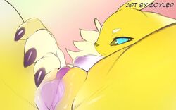 1girls 2019 anthro anthrofied ass blue_eyes breasts digimon digimon_(species) eyelashes female female_only fingering fur furry half-closed_eyes inverted_nipples looking_at_viewer masturbation nipples nude pussy renamon solo spread_legs text thick_thighs watermark wide_hips yellow_fur zoyler