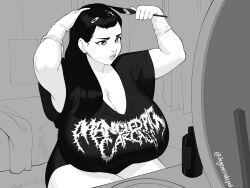 big_breasts big_thighs degeneratepai gabriella_(degeneratepai) gigantic_breasts gloves goth goth_girl hairclip hairdressing huge_breasts monochrome