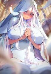 1girls absurd_res absurdres blue_dress blue_headwear blush blushing church church_interior clothed falling_feathers feathers female female_focus female_only hair_over_breasts hair_over_shoulder hands_on_breasts hands_together happy headwear highres kneeling large_breasts long_hair nun nun_outfit praying red_eyes smiling smiling_at_viewer tinkle_bell tinklebell upscaled white_hair window