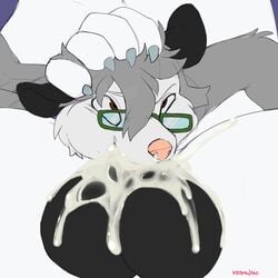 anthro balls big_balls cheek_bulge cum cum_in_mouth cum_inside cum_splatter didelphid domination duo eyewear fellatio glasses hand_on_head hi_res keishinkae male mammal marsupial oral orgasm sex virginia_opossum yaoi