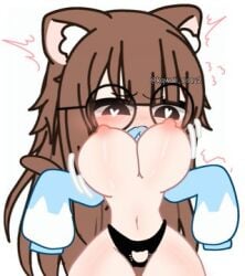 big_breasts breasts_upward brown_hair curvy gacha glasses heart_shaped_pupils meow_shady2 neko oc oversized_sleeves thick_thighs