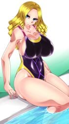 1girls ass big_ass big_breasts big_butt blonde_hair blue_eyes breasts byakkun clothing curvaceous curvy curvy_figure drill_hair female female_only hi_res huge_ass huge_breasts long_hair mostly_clothed one-piece_swimsuit overlord_(maruyama) pool slime slime_girl smile smiling solo solo_female solution_epsilon swimsuit tagme thick_thighs voluptuous voluptuous_female water