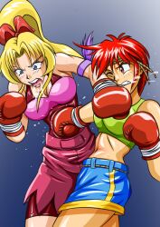 2girls ayane's_high_kick ayane_mitsui belly belly_punch big_breasts blonde_hair colored doujin doujinshi female female_focus female_only fist large_boobs large_breasts multiple_girls red_eyes red_hair ryona sakurako_miyagawa