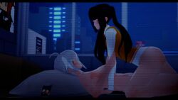 3d ahoge bed bedroom black_hair blush bottomless city cityscape closed_eyes dana_zane imminent_sex julianne_stingray koikatsu light-skinned_female light_skin long_hair looking_at_another naked partially_clothed phone phone_screen pixel_art poster_(object) spiritofrei tagme twintails va-11_hall-a white_hair yuri