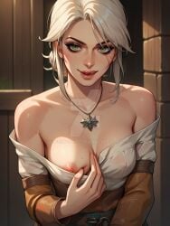 ai_generated breasts breasts_out ciri female green_eyes light-skinned_female looking_at_viewer mascara neetaiweeb nipples nipples_visible_through_clothing scar solo the_witcher_(series) the_witcher_3:_wild_hunt tongue_out white_hair