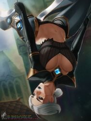 blue_eyes breasts camille_ferros cyborg exposed_stomach gilf league_of_legends themaestronoob underwear white_hair