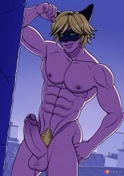 1boy abs adrien_agreste blonde_hair blonde_pubic_hair cat_ears cat_noir erection gay green_eyes hard_cock homosexual kappax male male_only masculine mask miraculous_ladybug muscular solo superhero uncensored yaoi