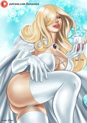 ass blonde_hair blue_eyes breasts bubble_butt cameltoe cape cleavage corset curvy curvy_female curvy_figure digital_drawing_(artwork) digital_media_(artwork) emma_frost female female_only hair_over_one_eye hellfire_club hourglass_figure lanio_sena large_breasts large_butt long_hair looking_at_viewer looking_down marvel marvel_comics opera_gloves thick_ass thick_thighs thighhighs thong thong_panties white_queen wine wine_glass x-men