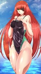 1girls ass big_ass big_breasts big_butt breasts byakkun clothing curvaceous curvy curvy_figure cz2128_delta eyepatch female female_only green_eyes hi_res huge_ass long_hair mostly_clothed ocean one-piece_swimsuit orange_hair overlord_(maruyama) robot robot_girl solo solo_female swimsuit tagme thick_thighs water