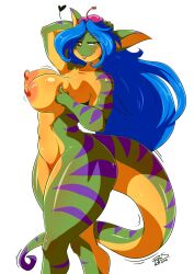 1girls 2018 anthro areola big_breasts blue_hair bouncing_breasts breasts countershading curvy_figure digital_media_(artwork) female female_only gecko geecku green_body hair heart_symbol hi_res las_lindas lizard long_hair looking_at_viewer mrsakai naughty_face nipples non-mammal_breasts purple_stripes reptile ryousakai scalie signature simple_background smiling smiling_at_viewer solo standing stripes thick_thighs tongue tongue_out voluptuous white_background yellow_body yellow_eyes