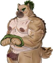 anthro balls belly blush brown_body brown_fur canid canine canis domestic_dog erection foreskin fur genitals hi_res lifewonders male mammal musclegut muscular navel nipples nude nuhoangxitray pecs penis scar solo tokyo_afterschool_summoners yasuyori_(tas)