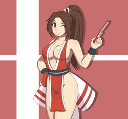 barely_clothed breasts brown_eyes brown_hair cleavage fan fatal_fury female hayato_stuff king_of_fighters large_breasts long_hair mai_shiranui ninja no_bra no_panties no_underwear nude_underneath ponytail revealing_clothes smile snk solo tagme wink