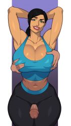 1boy 1girls abs athletic_female beauty_mark big_breasts breast_grab clothed_female consensual edit faceless_male female female_on_male female_on_top fondling_breast male maximum_strike_edit muscular_female nonpenetrative_sex simple_background thigh_sex zpark