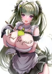 1girls apple_green_clothing apron arm_frill armband armlet armwear body_writing breast_strap cleavage deep_cleavage female_only food frilled_armband frilled_armwear front_heavy_breasts glazing goddess_of_victory:_nikke green_hair hair_ornament large_breasts maid maid_headdress maid_uniform melted_chocolate open_mouth purple_eyes servant skirt soda_(nikke) white_background