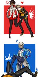 1boy 2girls ass ball_bulge ball_kick ballbusting blanche_(pokemon) blonde_hair blue_background brown_eyes brown_hair bulge candela_(pokemon) candela_(pokemon_go) cbt clothed cock_and_ball_torture crotch_kick crotch_stomp dark-skinned_female dark_skin domination dress erection feet female female_domination femdom game_freak gloves grey_eyes grey_hair heels high_heels highres jacket kick_in_the_balls kicking leggings long_hair male malesub multiple_girls nintendo ocigart on_back pain painful pantyhose penis penis_bulge poke_ball pokemon pokemon_go ponytail red_background shirt shoes short_hair source_request spark_(pokemon) standing stepped_on stepping_on_penis stomping tamakeri testicles trample trembling white_border