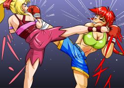 2girls ayane's_high_kick ayane_mitsui belly belly_punch big_breasts blonde_hair colored doujin doujinshi female female_focus female_only fist large_boobs large_breasts multiple_girls red_eyes red_hair ryona sakurako_miyagawa