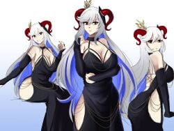 1girls absurdres alternate_costume ass backless_dress backless_outfit bare_shoulders black_dress blue_hair breasts chains cleavage cocktail_dress criss-cross_back-straps curled_horns dress elbow_gloves evening_gown female female female_only fire_emblem fire_emblem_heroes freyja_(fire_emblem) gloves goat_horns gold_chain gradient_background grey_hair hair_ornament halter_dress halterneck highres hip_vent horns large_ass large_breasts large_horns long_hair looking_at_viewer low_neckline ludook meme_attire modakawa_dress multicolored_hair multiple_views nintendo open_clothes open_dress open_mouth red_eyes red_horns sitting sleeveless sleeveless_dress smile standing taut_clothes taut_dress thick_thighs tight_clothes tight_dress white_hair